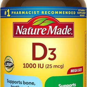 Nature Made Vitamin D3 1000 IU (25 mcg) -300 Softgels Dietary Supplement for Bone, Teeth, Muscle and Immune Health Support